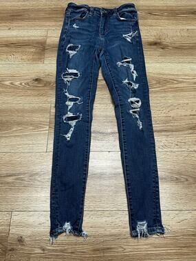 American Eagle Womens Jeans Size 2 Blue Distressed Stretch Skinny (A00)